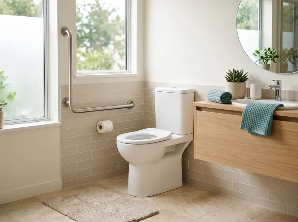 Close-up of a bidet seat's adjustable cleansing wand and soft nightlight
