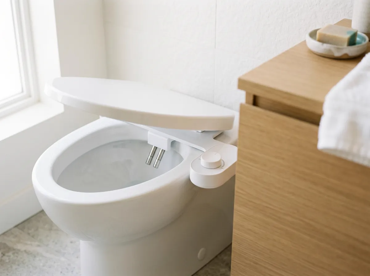 Comfortable, clean modern bathroom with a bidet toilet seat