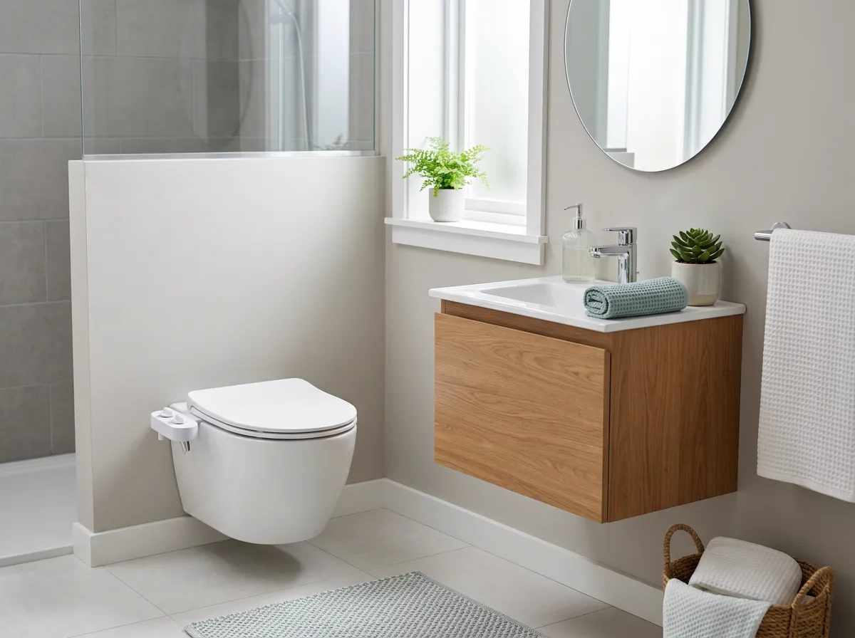 Close-up of a bidet seat's adjustable cleansing wand and soft nightlight