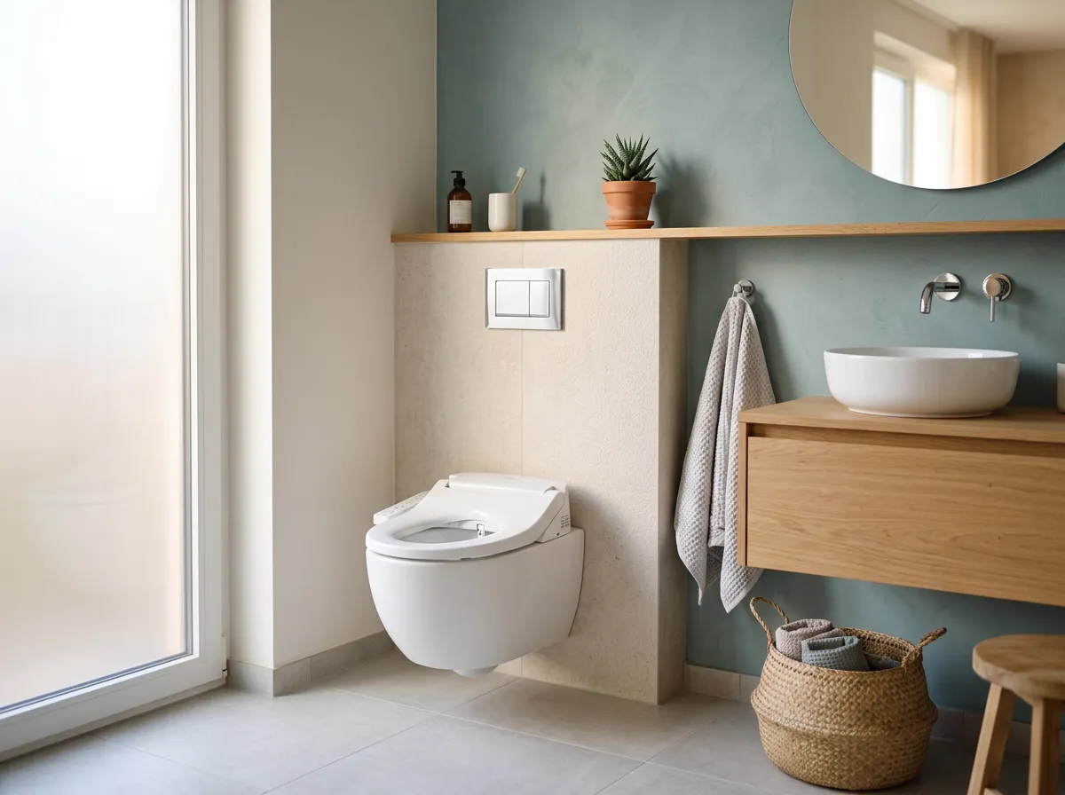 Comfortable, clean modern bathroom with a bidet toilet seat