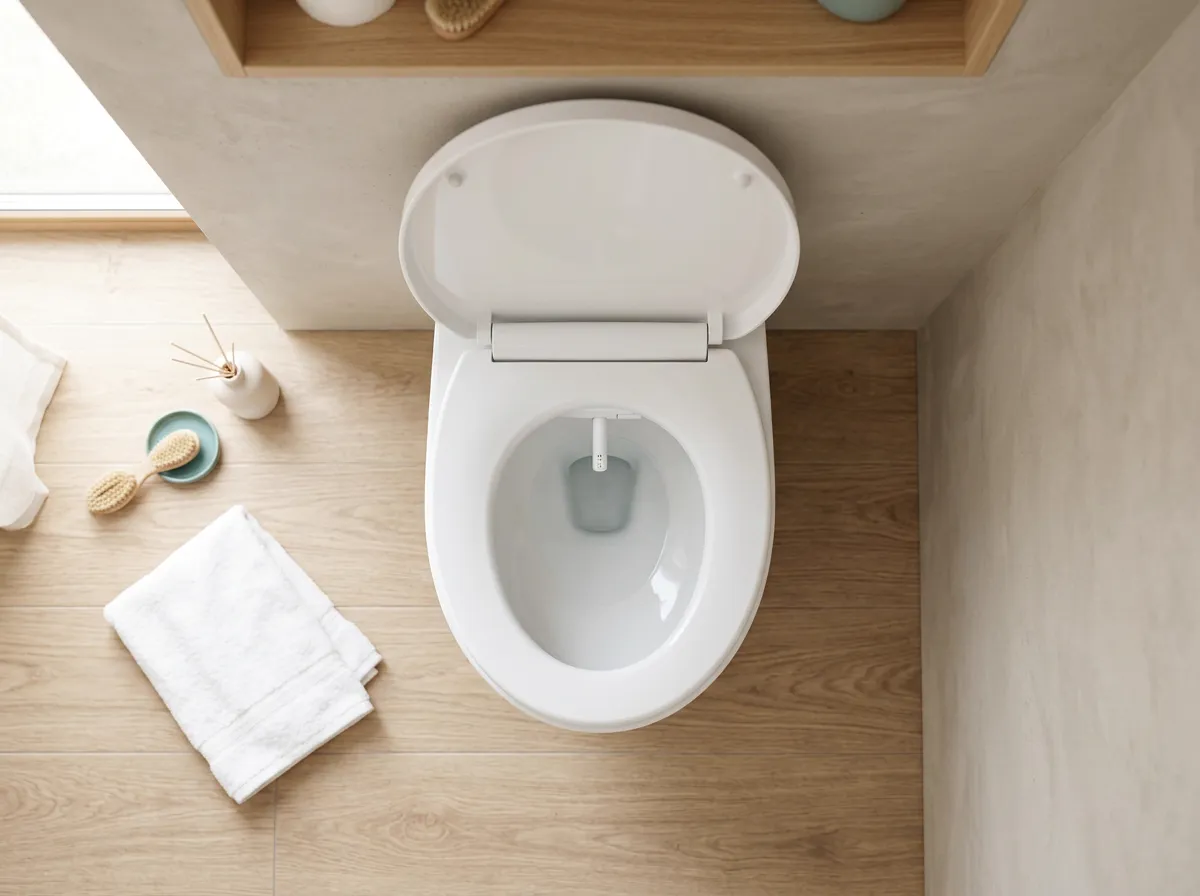 Close-up of a bidet seat's adjustable cleansing wand and soft nightlight