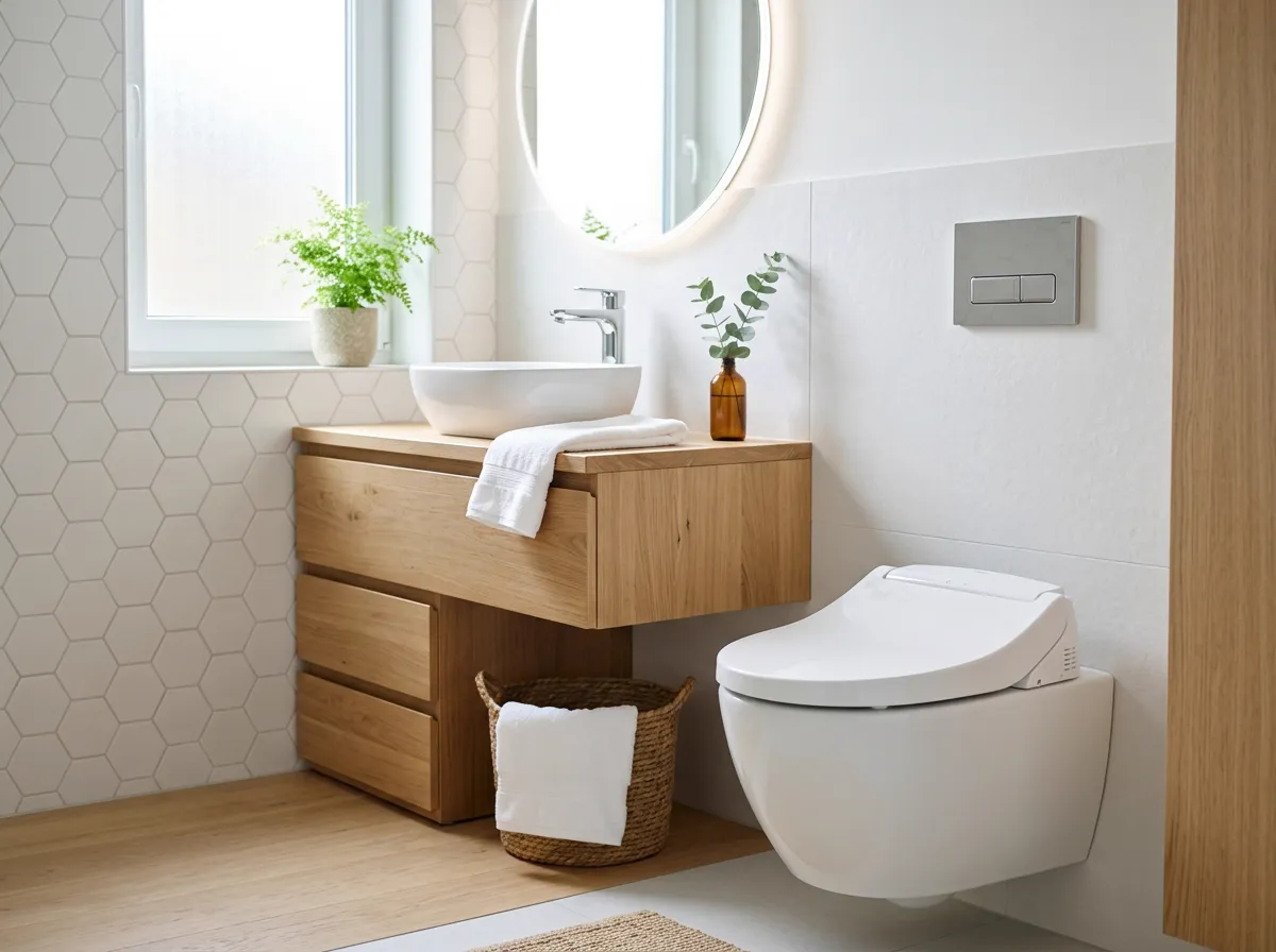 Comfortable, clean modern bathroom with a bidet toilet seat