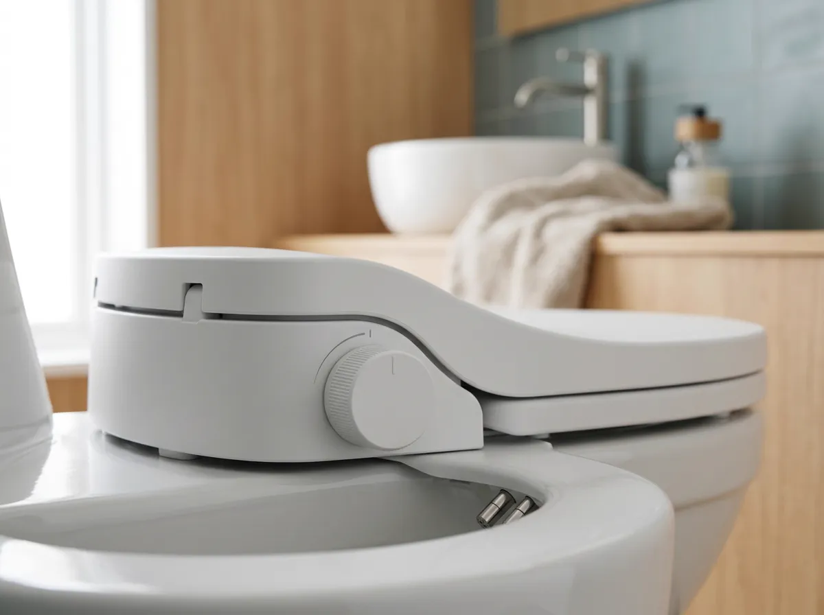Close-up of a bidet seat's adjustable cleansing wand and soft nightlight