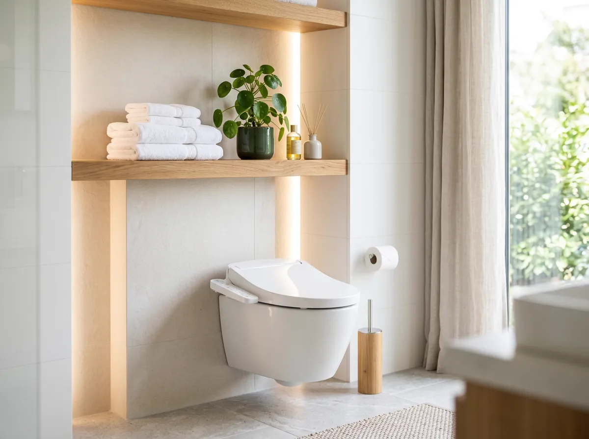 Comfortable, clean modern bathroom with a bidet toilet seat