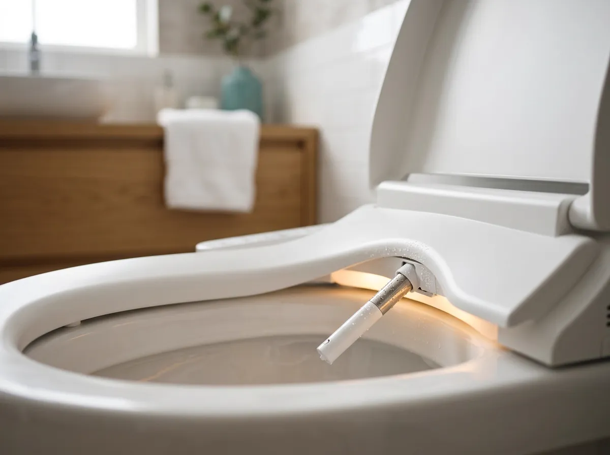 Close-up of a bidet seat's adjustable cleansing wand and soft nightlight