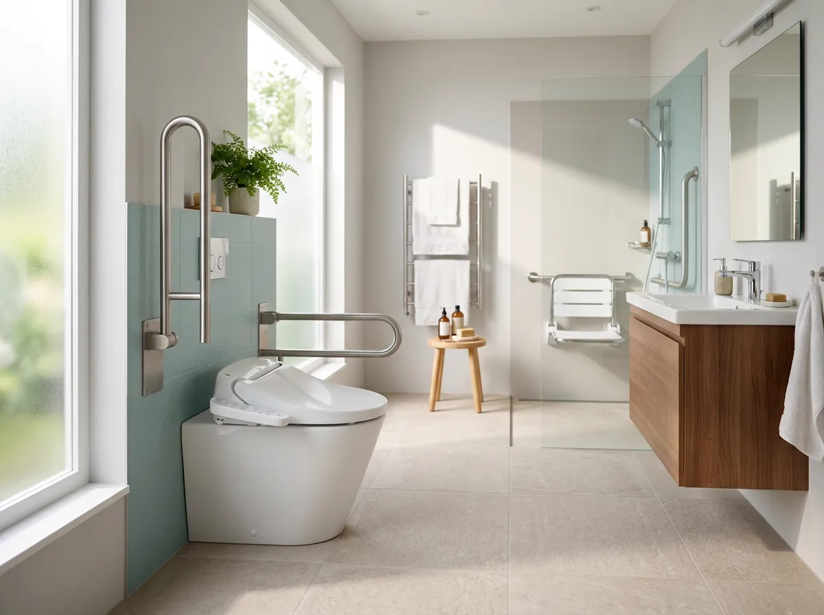 Close-up of a bidet seat's adjustable cleansing wand and soft nightlight