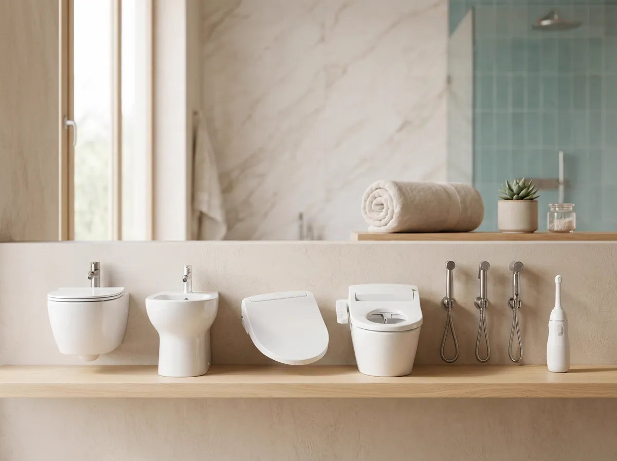 Comfortable, clean modern bathroom with a bidet toilet seat
