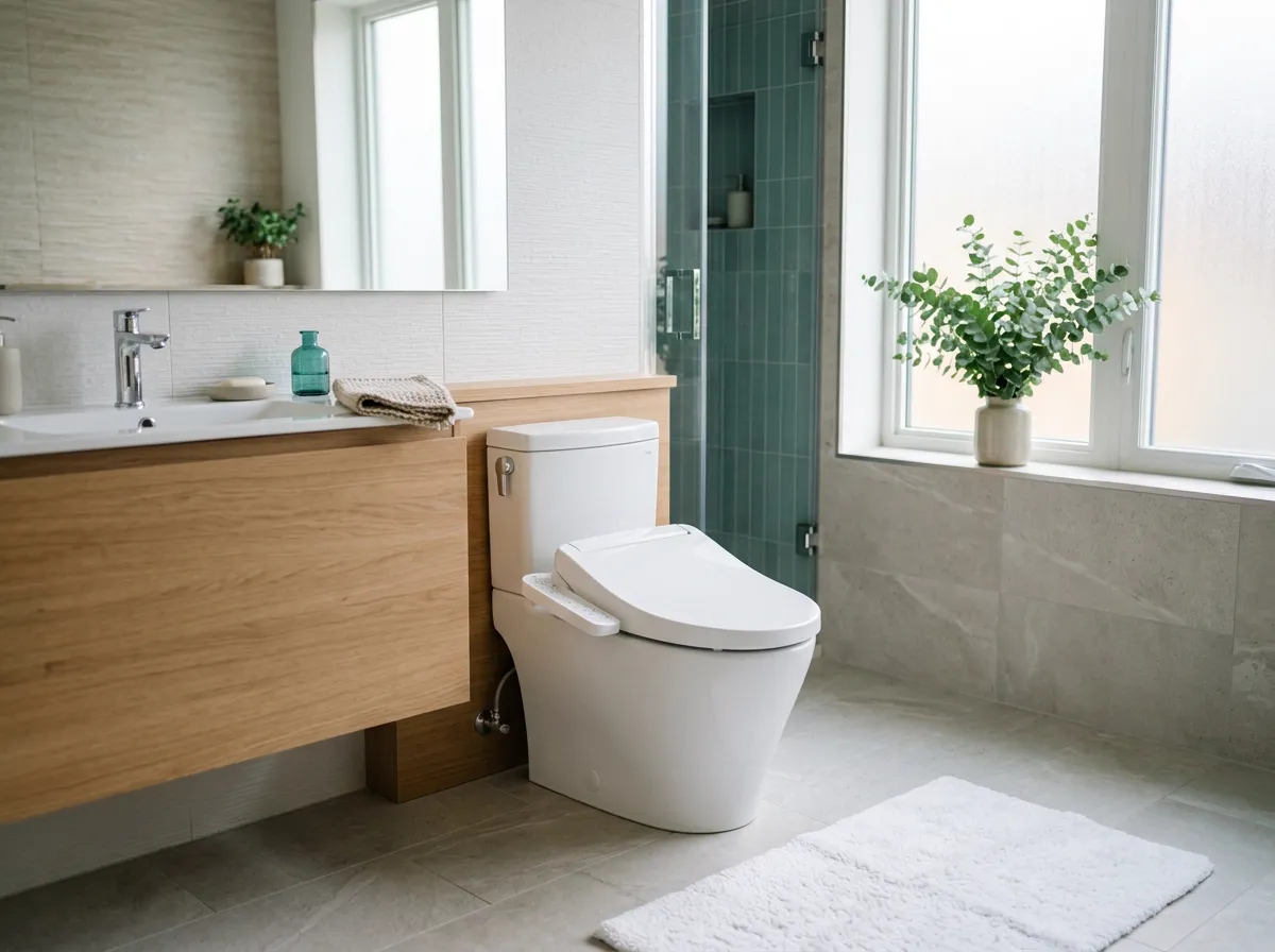 Close-up of a bidet seat's adjustable cleansing wand and soft nightlight