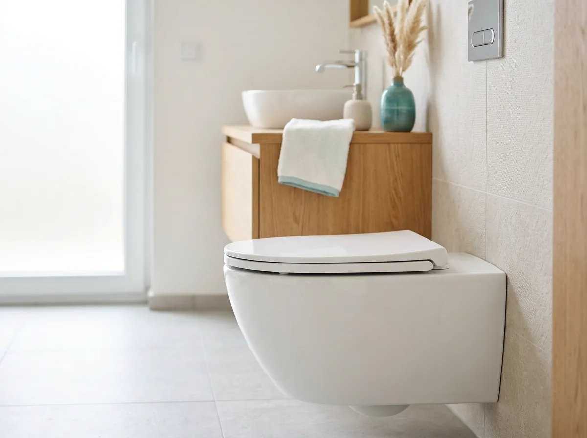 Close-up of a bidet seat's adjustable cleansing wand and soft nightlight