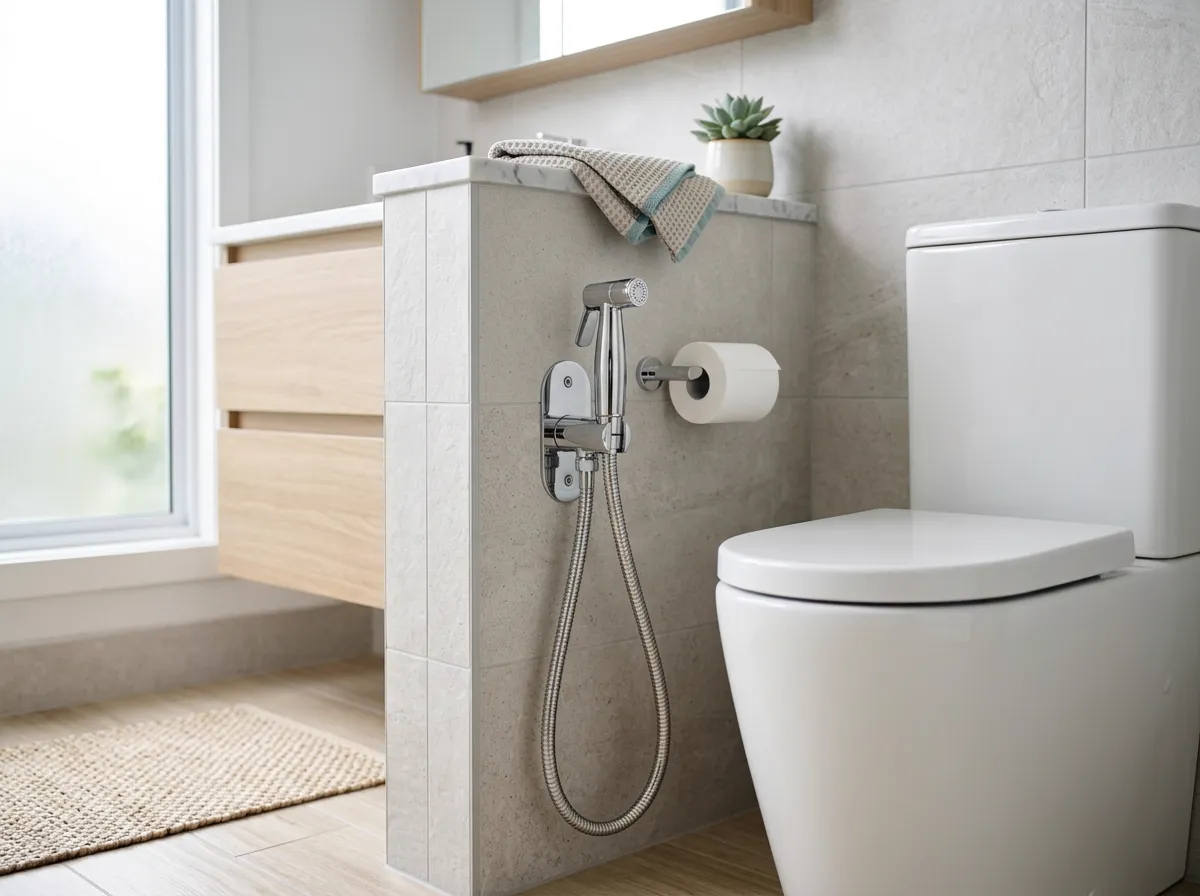 Close-up of a bidet seat's adjustable cleansing wand and soft nightlight