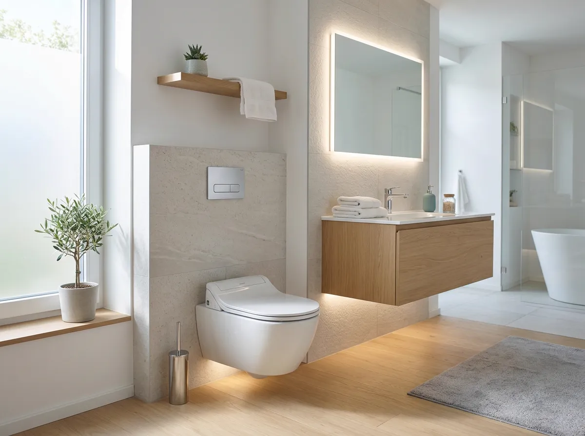 Comfortable, clean modern bathroom with a bidet toilet seat