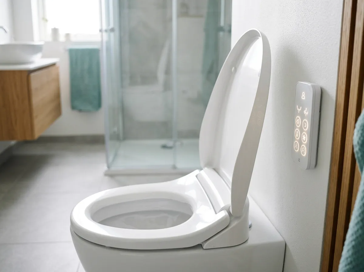 Close-up of a bidet seat's adjustable cleansing wand and soft nightlight