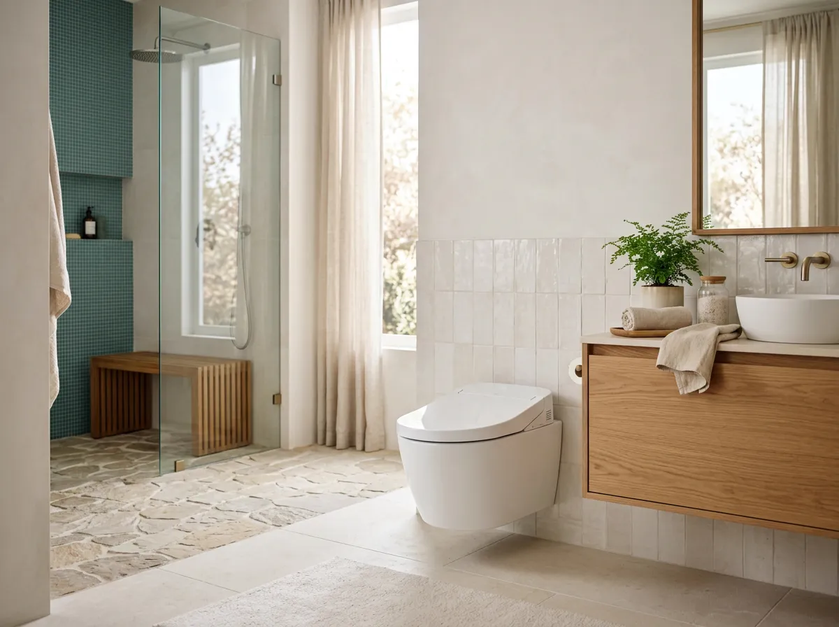 Close-up of a bidet seat's adjustable cleansing wand and soft nightlight