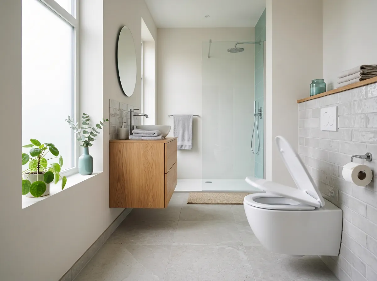 Comfortable, clean modern bathroom with a bidet toilet seat