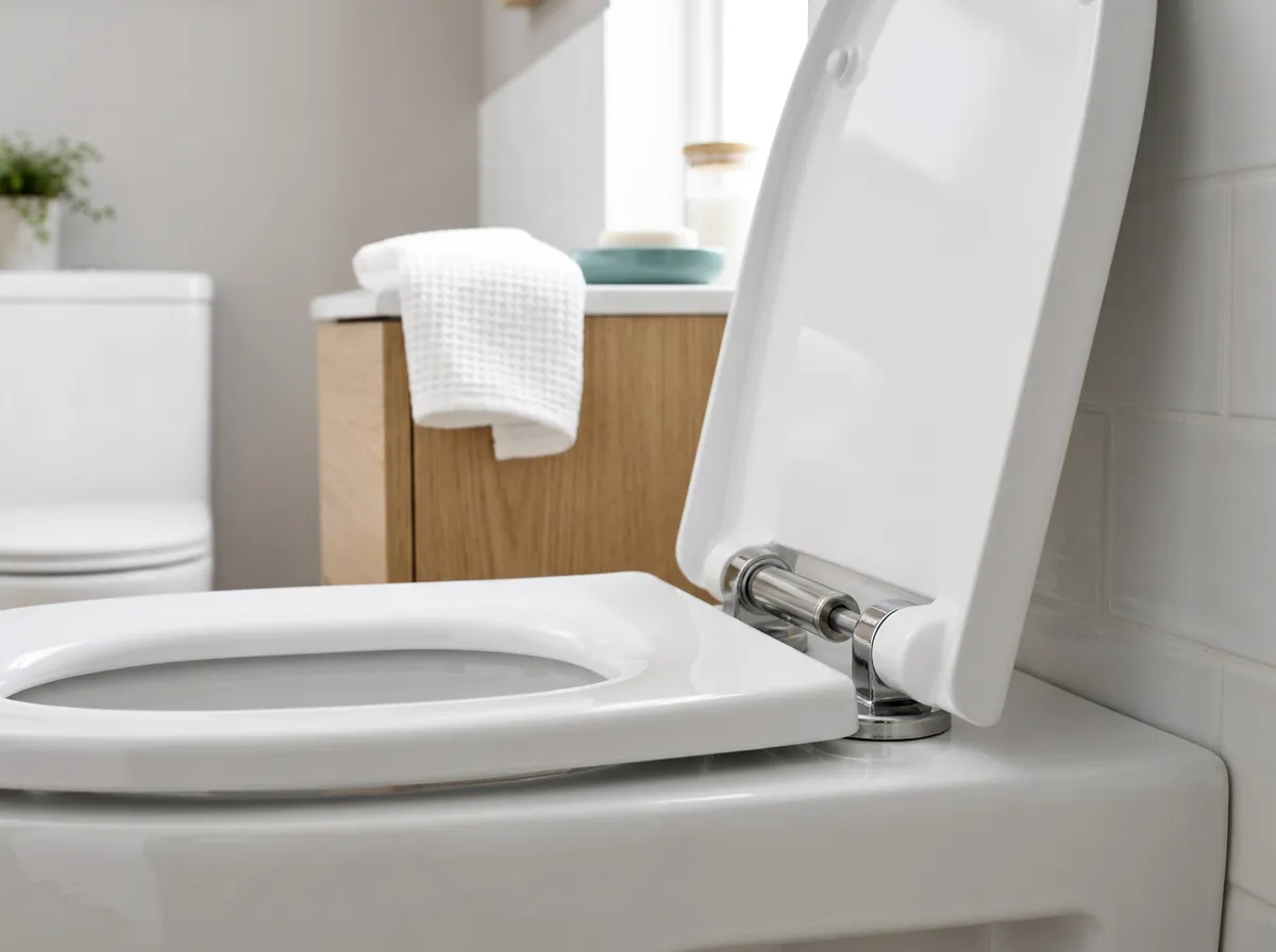 Close-up of a bidet seat's adjustable cleansing wand and soft nightlight
