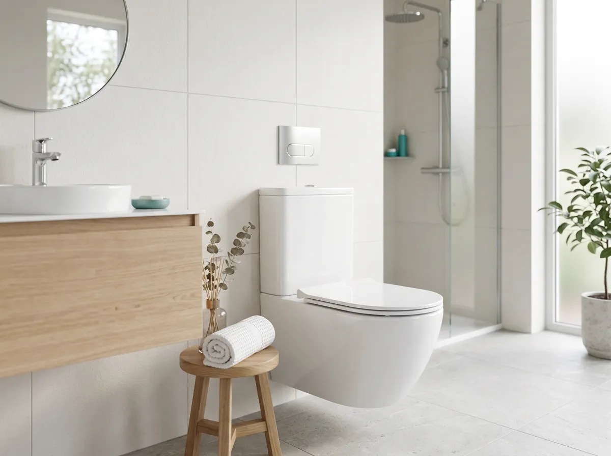 Close-up of a bidet seat's adjustable cleansing wand and soft nightlight