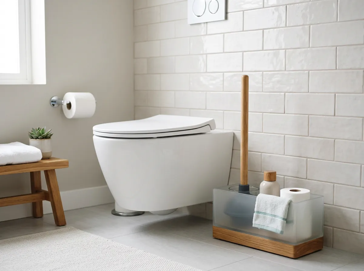 Close-up of a bidet seat's adjustable cleansing wand and soft nightlight
