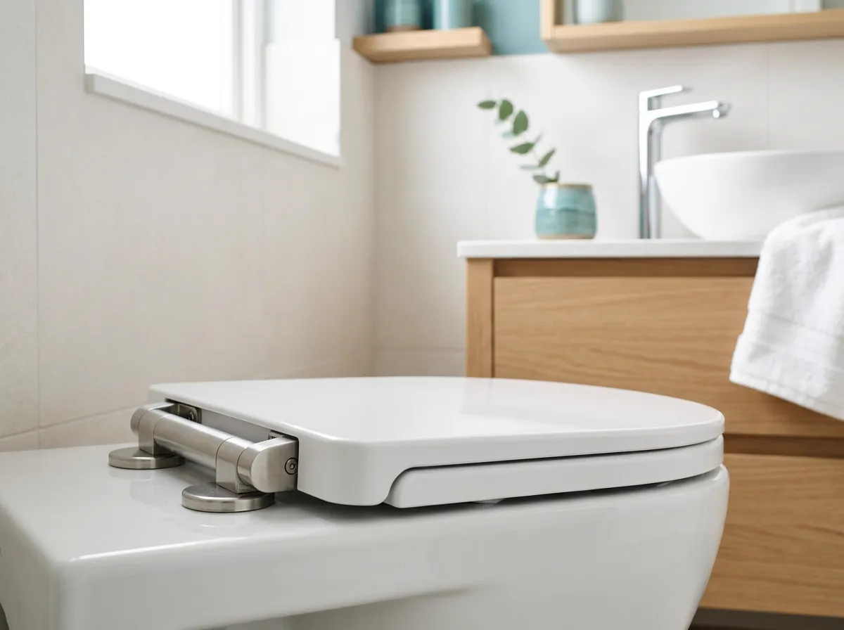 Close-up of a bidet seat's adjustable cleansing wand and soft nightlight
