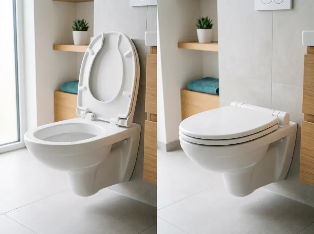 Close-up of a bidet seat's adjustable cleansing wand and soft nightlight