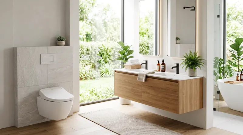 A bright, modern bathroom with a bidet toilet seat