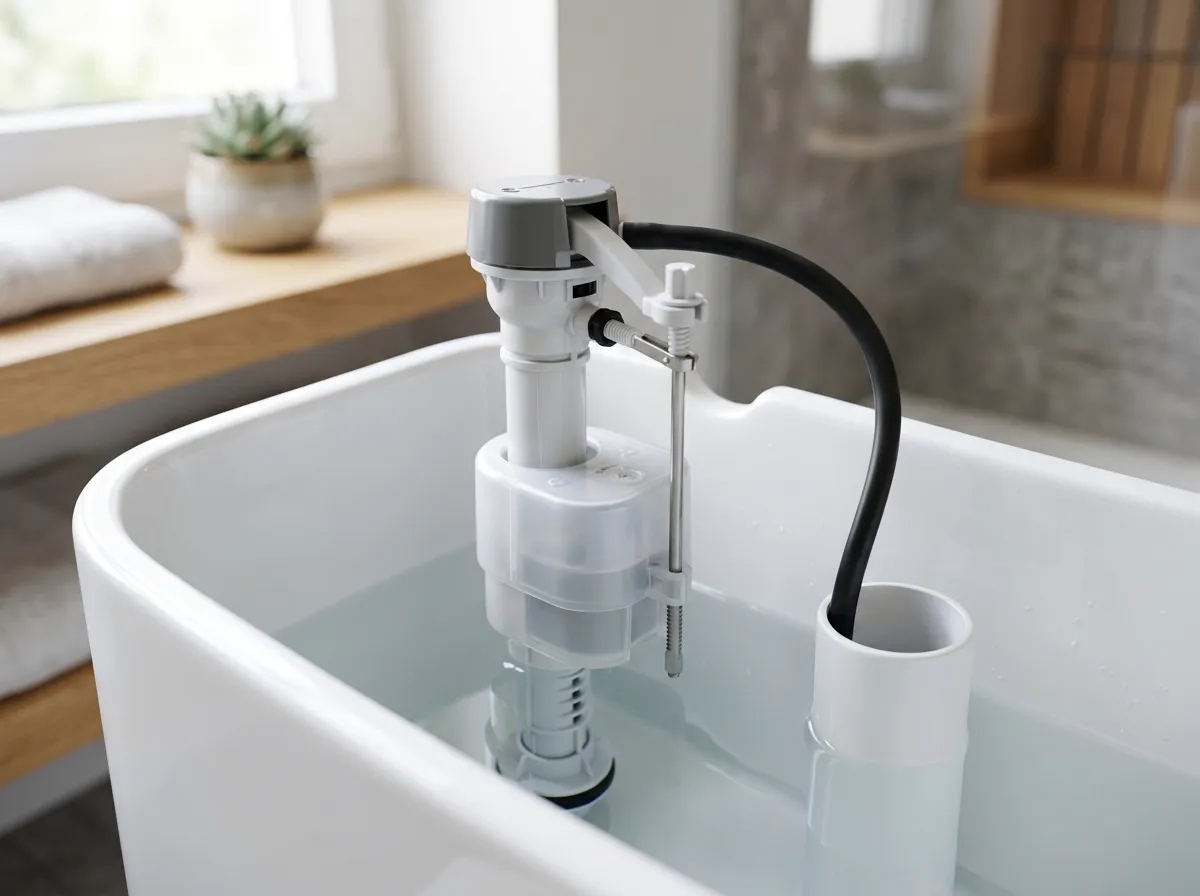 The fill valve: the tower on the left of the tank that refills it after every flush