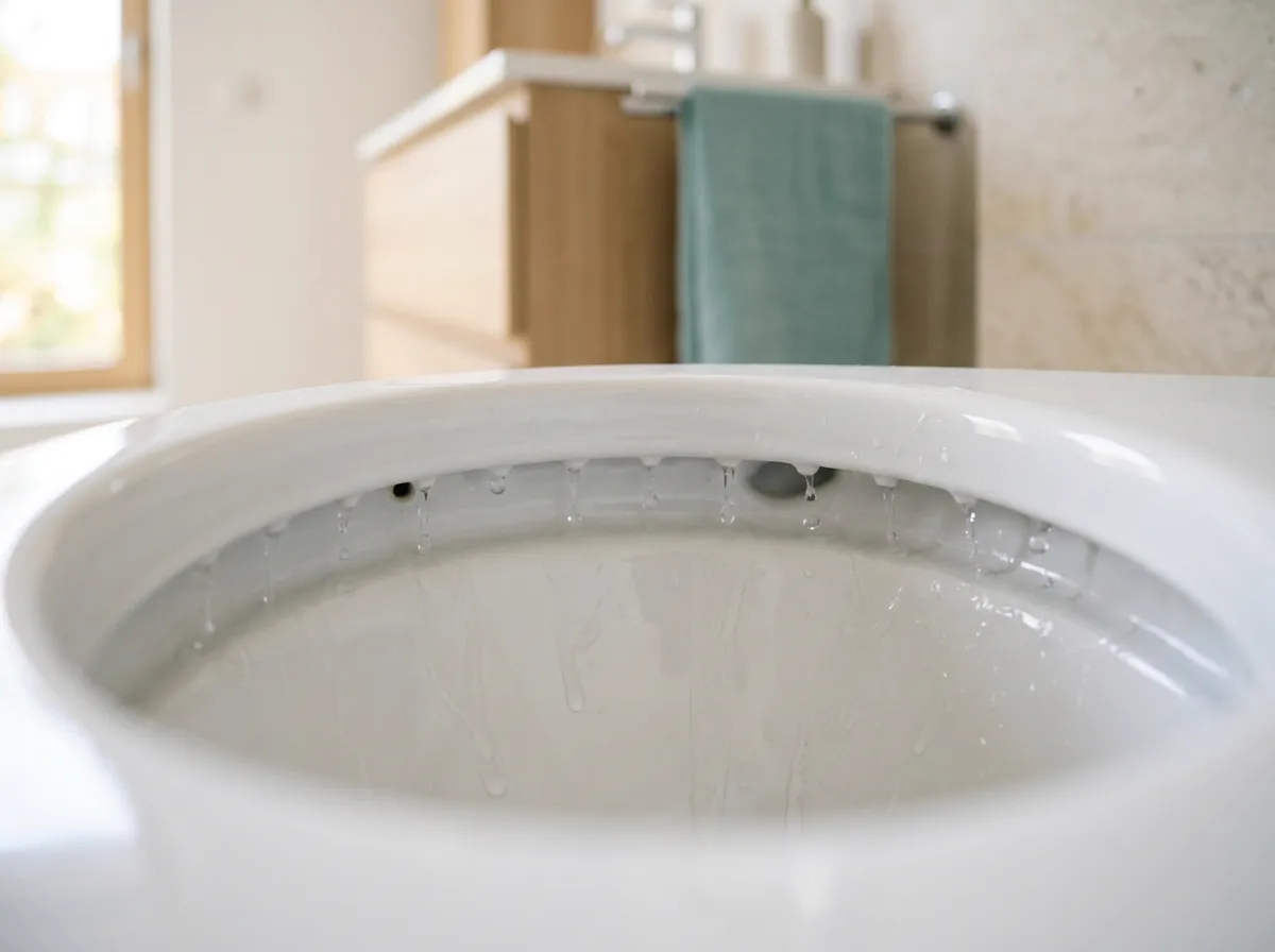 The rim holes on the underside of the bowl, where flush water rinses the sides